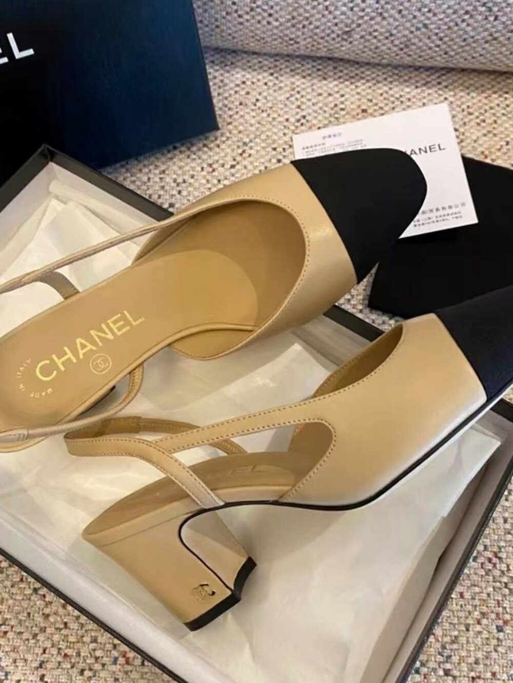 CHANEL Two-Tone Lambskin & Canvas Slingback Block Heel Pumps - Picture 7 of 9